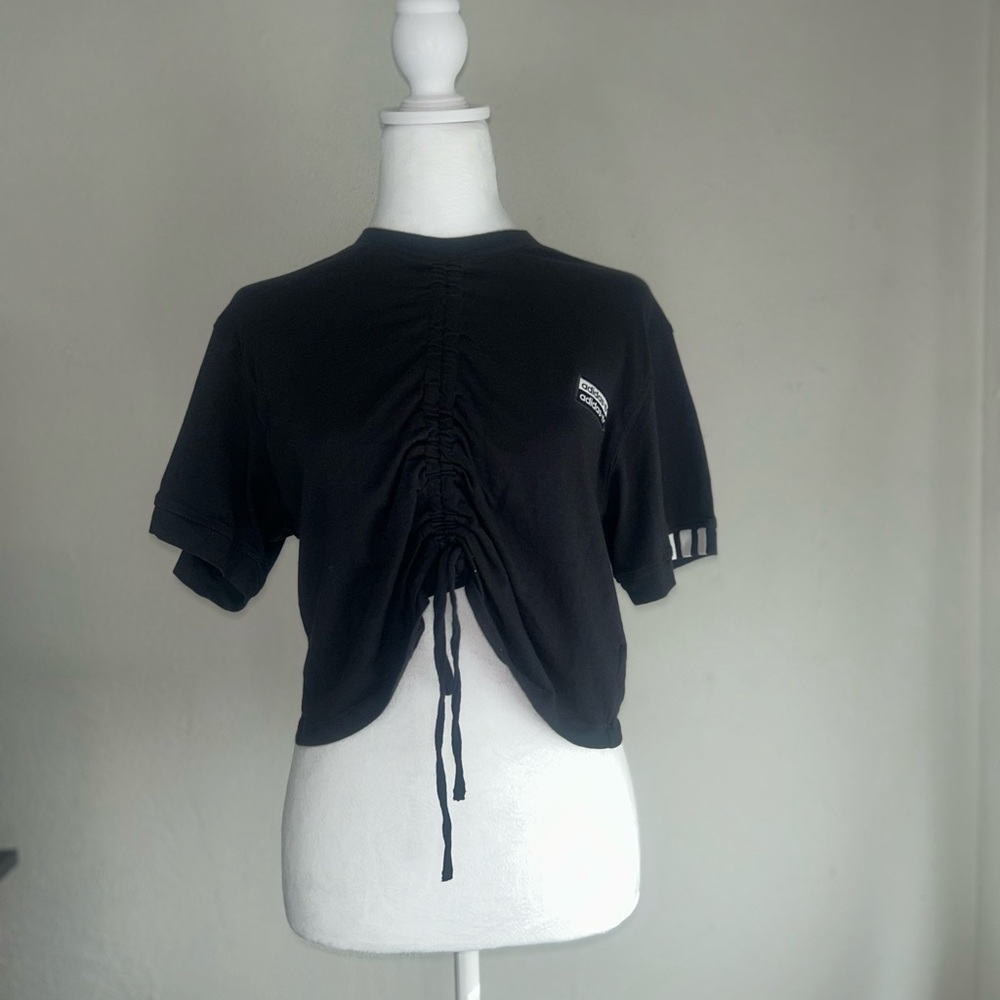 Adidas Black Ruched Drawstring cropped T-Shirt